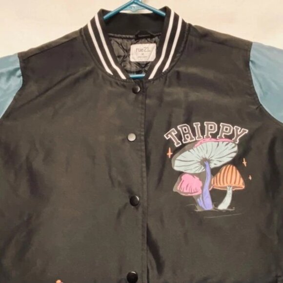 Rue21 Varsity Bomber Jacket Men's Medium Black Teal Trippy Wild Life Graphic EUC - Picture 13 of 13